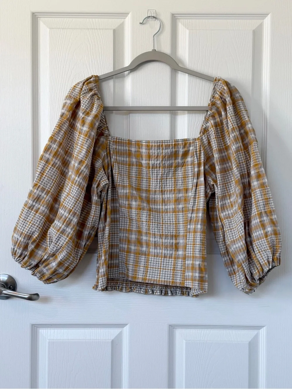 Anthropologie Maeve Plaid Square-Neck Puff Sleeve Smocked Top in Yellow & White